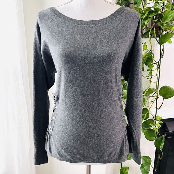 INC International Concepts Charcoal Gray Laceup Sides Soft Stretchy Blouse Large - Picture 1 of 8